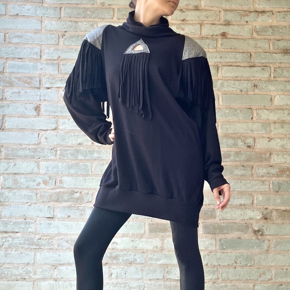 Vintage Fringe Sweater Dress Black 1980s Oversized Cowl Cut Out Tunic Mini